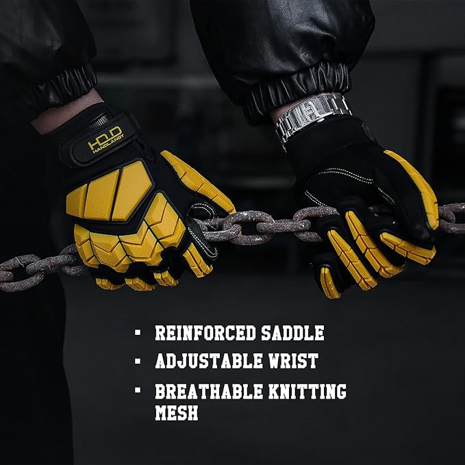 HANDLANDY HLDD Heavy Duty Work Gloves, TPR Protector Impact Gloves, Men Anti Vibration Mechanic Work Glove TouchScreen