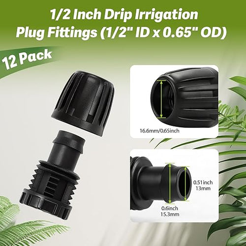 12 Pack 1/2 Inch Drip Irrigation End Plug Fittings (1/2" ID x 0.6-0.65" OD), 1/2'' Dripline Barbed End Cap Connectors with Anti-Drop Lock Nuts for Garden Lawn Irrigation System Connection