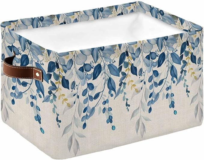 Blue Eucalyptus Storage Bins Cubes Waterproof Cloth Storage Basket, Farmhouse Weeping Leaves Linen Foldable Storage Bags for Shelf Closet Clothes Storages Organizers with Handles 15x11x9.5 in 1PCS