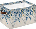 Blue Eucalyptus Storage Bins Cubes Waterproof Cloth Storage Basket, Farmhouse Weeping Leaves Linen Foldable Storage Bags for Shelf Closet Clothes Storages Organizers with Handles 15x11x9.5 in 1PCS