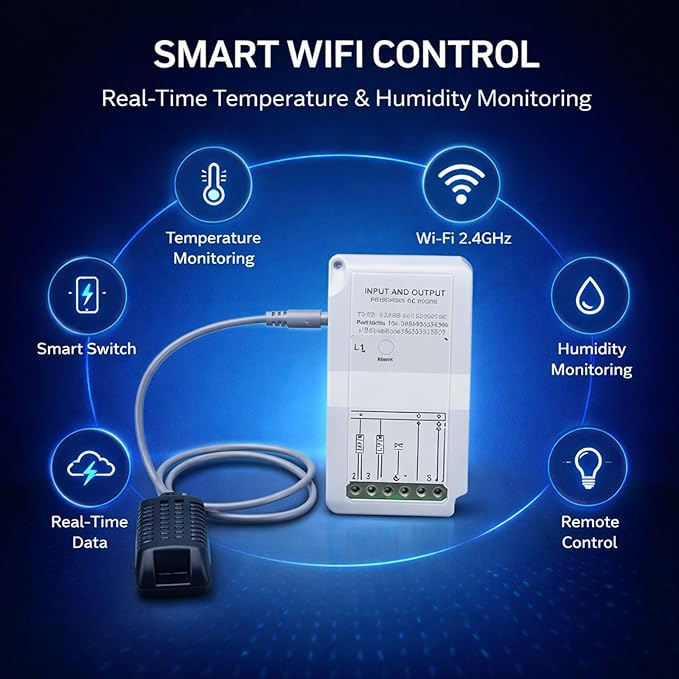 Smart WiFi Temperature Humidity Switch Module with Probe 90 - 250V Dual Relay Output - Remote APP Control, Timing Function for Greenhouse Automation and Home Climate