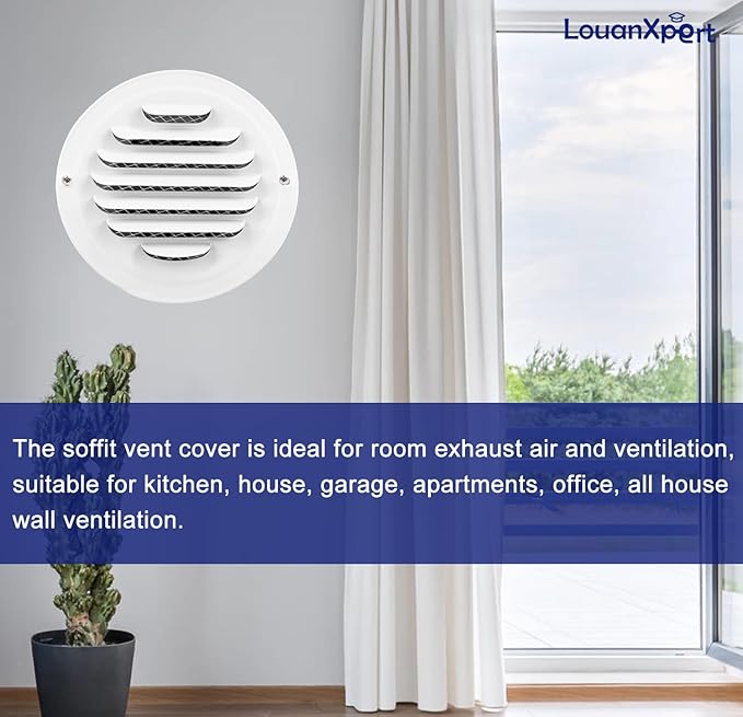 4 Inch Round Air Vent Cover,LouanXpert White Stainless Steel Soffit Vent Cover Louvered Grille Exterior Wall Vent Cover with Built-in Fine Mesh for House, Office,Garage, RV(100mm - 2PCS)
