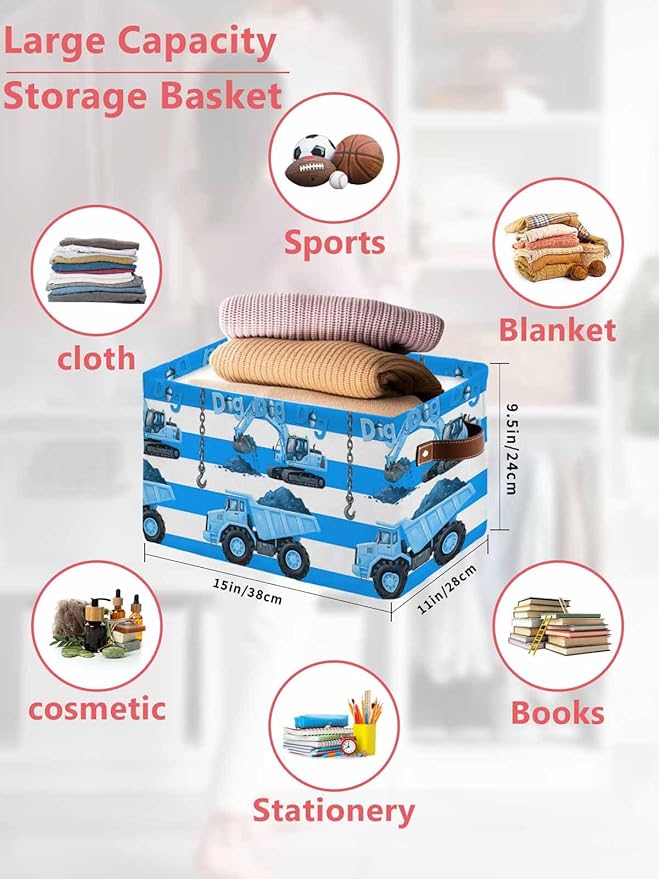 Blue Striped Truck Storage Bins Cubes Waterproof Cloth Storage Basket, Farmhouse Stripes Modern Art Foldable Storage Bags for Shelf Closet Clothes Organizers with Handles 15x11x9.5 in 1PCS