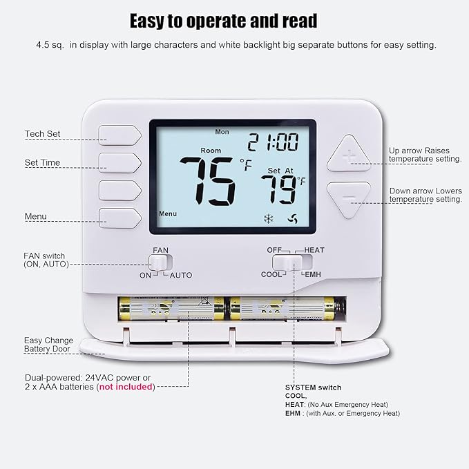 Heagstat H721 Non-Programmable Heat Pump Thermostat, 2 Heat/1 Cool, with 4.5 sq. Inch Display