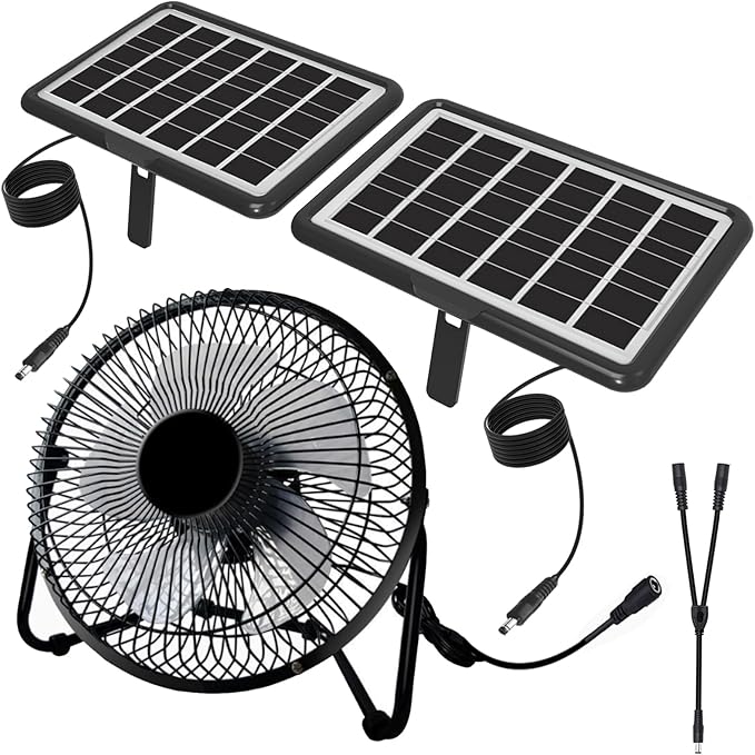 Solar Powered Fan, 8 Inch Install-Free with 25W IP65 Dual Solar Panels, Cloudy Days Working Solar Fan for Air Circulation and Cooling in Greenhouse, Chicken Coop, Pet House, Attic, 14ft Long Cable