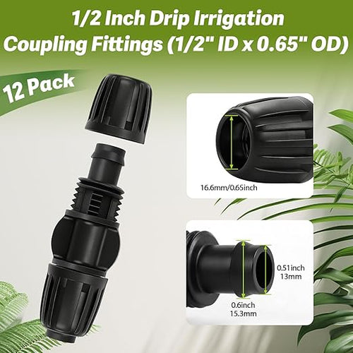 12 Pack 1/2 Inch Drip Irrigation Coupling Fittings (1/2" ID x 0.6-0.65" OD), 1/2'' Dripline Barbed Coupler Connectors with Anti-Drop Lock Nuts for Garden Lawn Irrigation System Connection