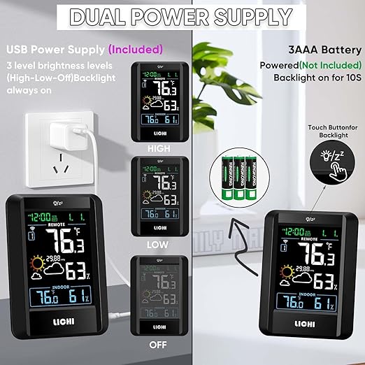 Indoor Outdoor Thermometer Wireless Weather Station External Thermometer Hygrometer Monitor with 330ft Range Remote Sensor, Battery Operated Backlit Display (Colorful)