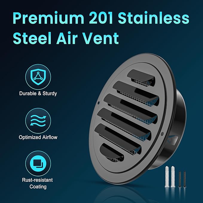 HG Power Stainless Steel Soffit Vents 4 Inch, Black Round Vent Cover with Screen Mesh, Louver Soffit Exhaust Vent for Wall Garage, Kitchen, Attic & House Ventilation, 98mm Diameter