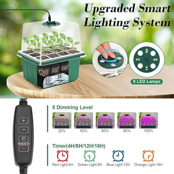 Mckanti 6 Set Self-Watering Seed Starter Tray Kits with Grow Light, Reusable Seed Germination Kit with Adjustable Humidity Domes and Silicone Cell Base Tray for Indoor Plant Seeds GerminationKit
