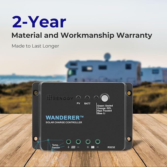 Renogy 12V 30A PWM Solar Charge Controller – Wanderer Li Charge Controllers for Solar Panels 4-Stage Charging for Lithium/Gel/Flooded Batteries, Overload/Short Circuit/Reverse Polarity Protection