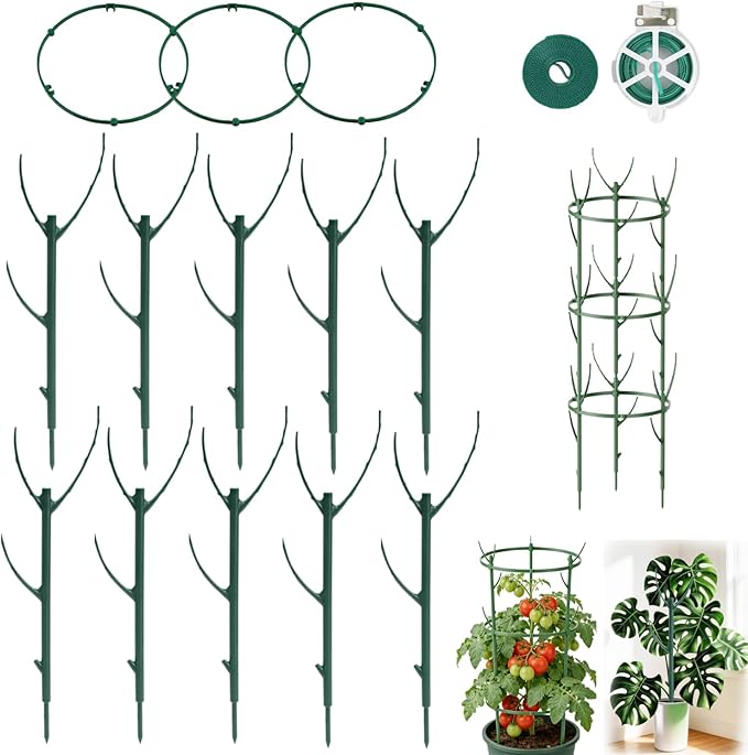 10Pack Stackable Plant Support, 2 in 1 Monstable Plant Stakes & Tomato Cage Kits for Indoor Outdoor Climibing Plants, Durable Alternative to Moss Pole Sticks Trellis for Houseplants Potted