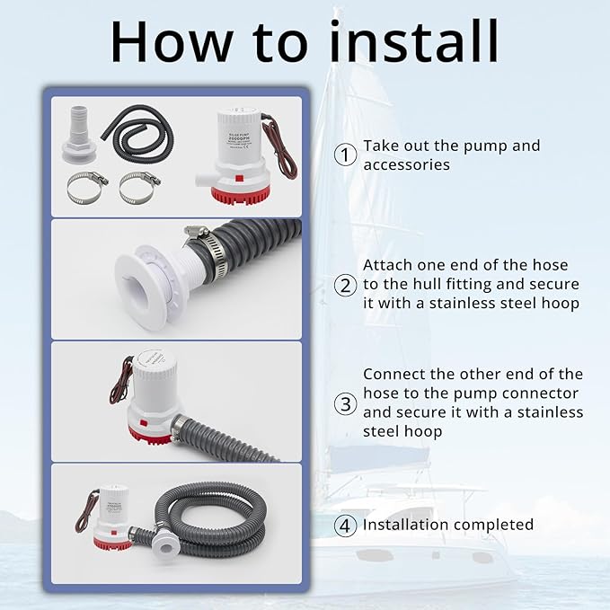 HXH 2000 GPH Bilge Pump Kit for Boats 12V, with PVC Bilge Pump Hose 1-1/8-Inch,2 PCS Stainless Steel Hose Clamps and Thru-Hull Fitting Set, for Marine, Yachts, Live Well Kit for for Cruisers