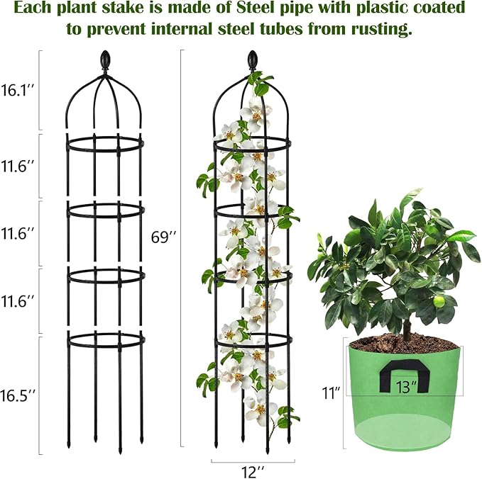 Garden Obelisk Trellis for Climbing Plants Outdoor 6 Ft Rose Bush Round Trellis with Grow Bag for Pots Rustproof Metal Pipe with Plastic Coated Plant Flower Trellises for Clematis Vine Jasmine Support