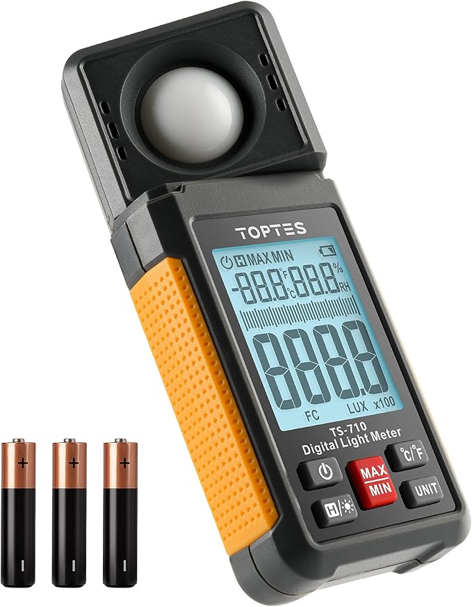 TopTes TS-710 Light Meter, Lux/Foot Candles Meter with 180º Rotating Sensor, 0.1~200,000 Lux Range, Large Backlit Display, Light Meter for Plants, Car Headlights, Home & Office LEDs (Includes Battery)