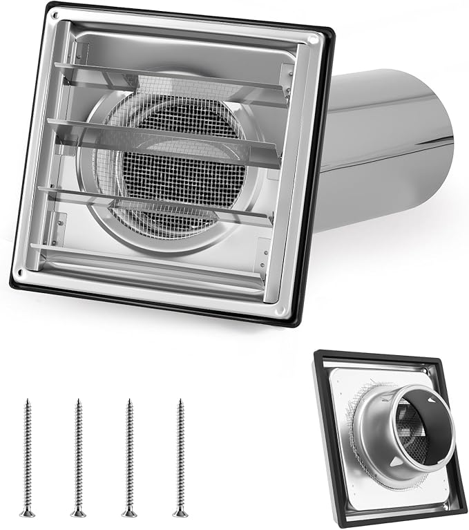 4" Metal Dryer Vent Cover Outside with Removable Extended Pipe, 304 Stainless Steel Outdoor Exterior Wall Air Vent Cover with Louvre for Dryer Vents Range Hood Vent AC Vent