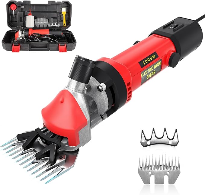 PAT JUUMG 1000W Sheep Shears Electric Farm Livestock Haircut with Blades Professional Animal Clippers 6 Speed Heavy Duty Electric for Thick Horses Sheep Alpacas Goats(Red)