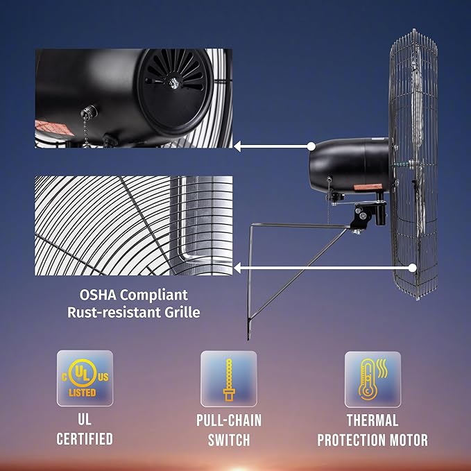 Tornado 24 Inch Pro Series High-Velocity Oscillating Wall Fan – 3-Speed, 7200 CFM, 6.6 FT Cord – UL Safety Certified for Commercial & Industrial Use