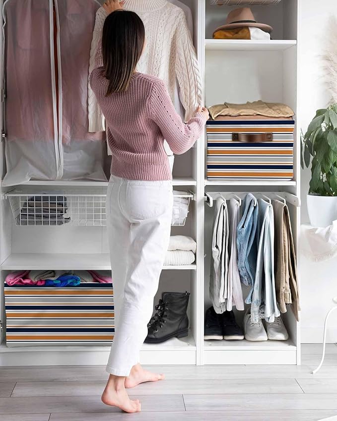 Orange Grey Striped Storage Bins Cubes Waterproof Cloth Storage Basket,Farmhouse Stripes Modern Abstract Art Foldable Storage Bags for Shelf Clothes Storages Organizers with Handles 15x11x9.5 in 2PCS