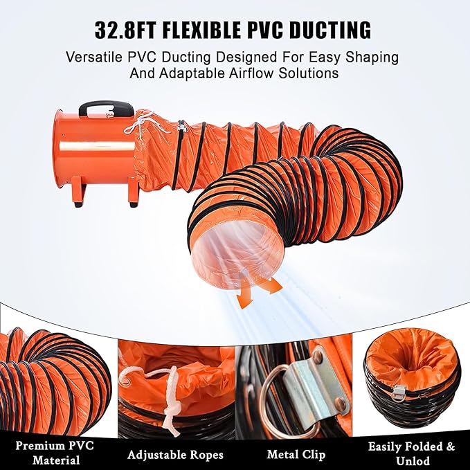 Portable Utility Blower Fan with 33ft Duct Hose, 12" 580W 3500 CFM Heavy-Duty Exhaust Fan, High-Speed Industrial Blower for Workshop Ventilation, Crawl Spaces, Basement, and Confined Areas