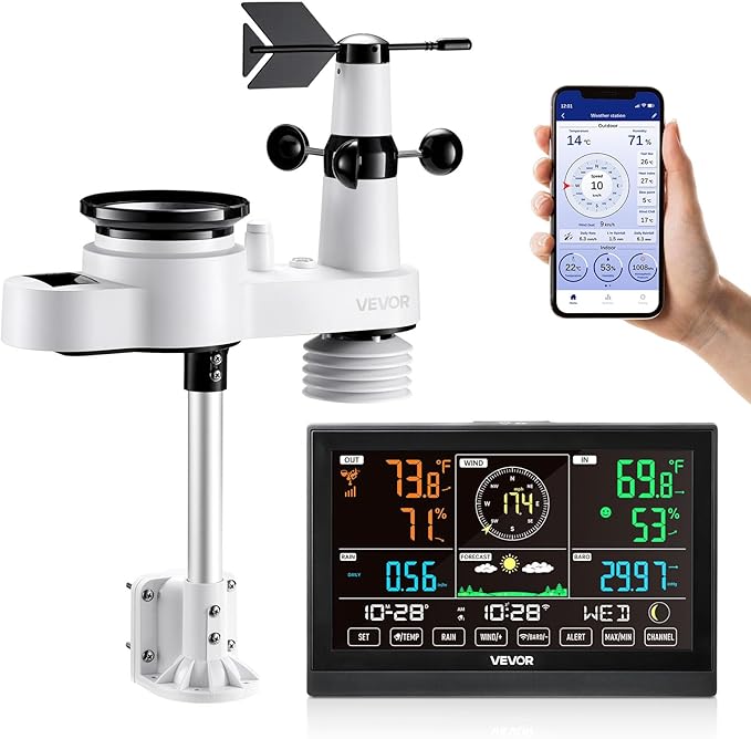 VEVOR 5-in-1 Wi-Fi Weather Station, 7.5-Inch VA Display, Wireless Solar Powered Outdoor Sensor, Rain Gauge, Indoor Outdoor for Weather Forecast, Wind Speed Direction, Temperature, Humidity, Rainfall
