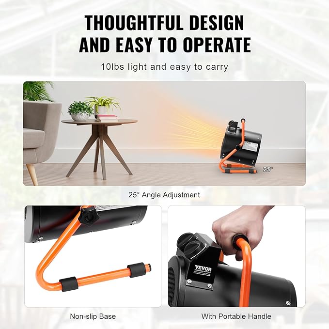 VEVOR Greenhouse Warmer, 1500W Quick Heat Function with Safety Overheat Cut-off, Dual Speed Options Compact Heater for Seedling Tents, Electric Mobile Heating Unit for Gardening Spaces, Work Areas,