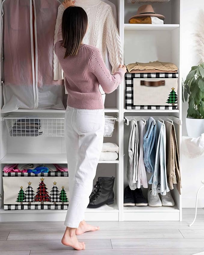 Christmas Tree Storage Bins Cubes Waterproof Cloth Storage Basket, Xmas Farmhouse Buffalo Plaid Retro Foldable Storage Bags for Shelf Closet Clothes Organizers with Handles 15x11x9.5 in 1PCS