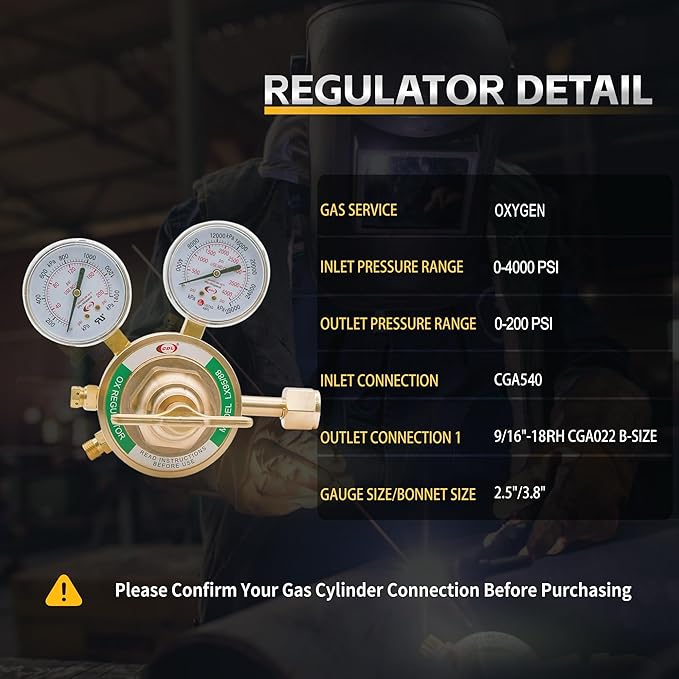 CDL LX95 Extra Heavy Duty Oxygen Regulator CGA540,Forged Brass,Large Tank Gauge Cutting Torch Regulator,0-4000PSI Inlet,0-200PSI Outlet