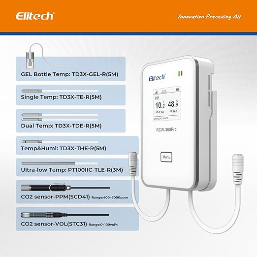 Elitech 5G/2.4G WiFi Real-Time Temperature Humidity Monitor, Dual Channel Remote Data Logger, Cloud Data Storage, SMS/Email/APP/Web Alarm, Warehouse, Pharmacy, RCW-360Pro-W-DC