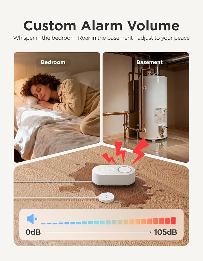 GoveeLife Water Leak Detector 1s with 4.92 ft Sensor Cable, Water Sensor with 105dB Adjustable Alarm, 5-Year Battery Life, IP67 Waterproof, Suitable for Homes & Basements