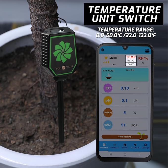 8-in-1 Bluetooth Soil Meter for pH, EC, Moisture, Fertility, Temperature, Light, and Humidity Monitoring with Real-Time App Control, Data Logging, and Precise Calibration for Plant Care