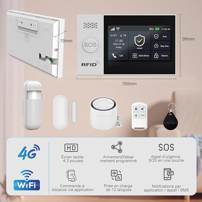WiFi Wireless Alarm System for Home Security - 24/7 Protection Smart Home Devices 4.3" Touch Screen, GSM/4G+WiFi, App Instant Alerts, No Monthly Fee, Alexa Compatible for Villa, Kids Safety (8 pcs)