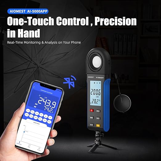 Light Lux Meter with Bluetooth, AIOMEST Digital Lumen Tester 0.1 Lux, 1-400,000 Lux/FC Range, 270° Rotated Sensor, Luxometer for Indoor Plant, Photography, Aquarium