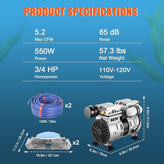 VEVOR Pond Aerator, 550W Power, 5.2CFM for Up to 3 Acre 50' Lake, Includes 3/4 HP Compressor & 2 100' Weighted Tubings & 2 Diffusers, Air Compressor for Deep Water Oxygen Circulation