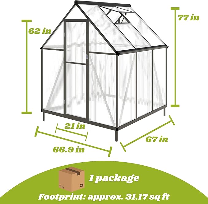 6 x 6 FT Greenhouse for Outdoors, Polycarbonate Greenhouse with Quick Setup Structure and Roof Vent, Aluminum Large Walk-in Green House for Outside Garden Backyard, Dark Gray