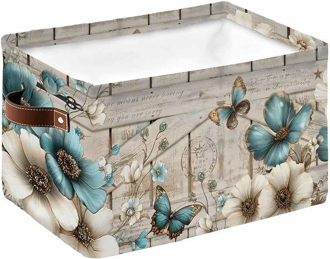 Teal Tulip Butterfly Storage Bins Cubes Waterproof Cloth Storage Basket,Beige Turquoise Floral Farmhouse Wooden Foldable Storage Bags for Shelf Storages Organizers with Handles 15x11x9.5 in 1PCS