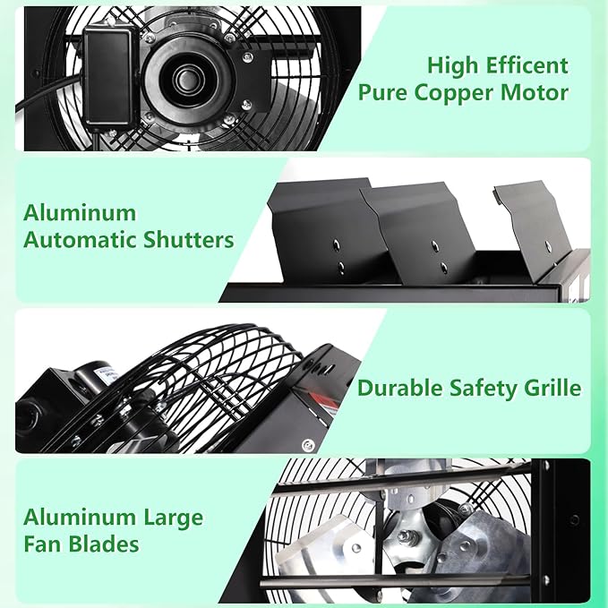 Shutter Exhaust Fan with Thermostat & Speed Control, 1088 CFM,1700RPM, Upgrade 14 inch Wall Mount Attic Vent Fan for Chicken Coops, Greenhouse, Gable, Barn, Garage, Shed Ventilator