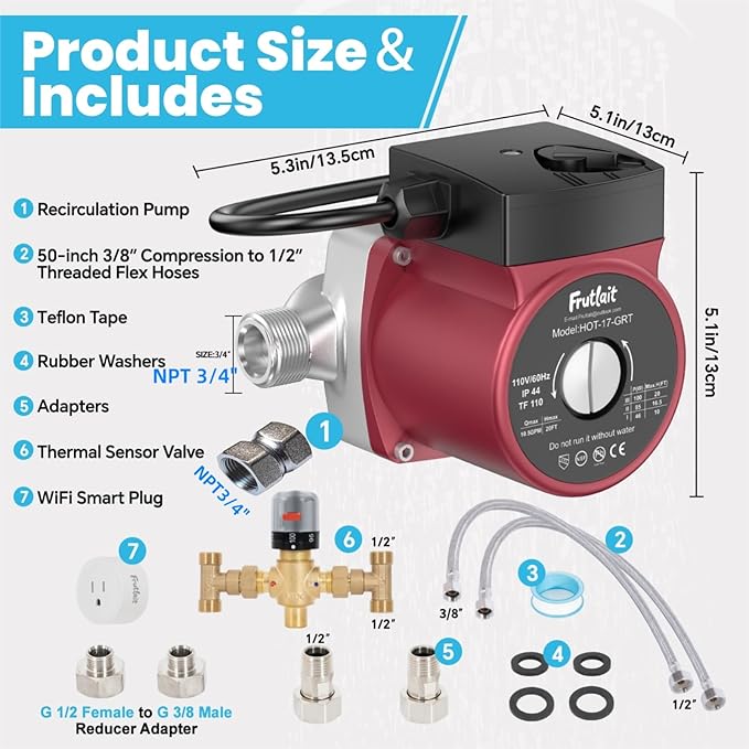 Hot Water Recirculating Pump Kit for Tank Water Heaters – 3-Speed Pump, Thermostatic Bypass Valve, WiFi Smart Plug, 2 Adapters, 1/2" to 3/8" Food-Grade Hoses, Easy DIY Install