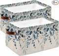 Navy Blue Eucalyptus Storage Bins Cubes Waterproof Cloth Storage Basket, Farmhouse Weeping Leaves Linen Foldable Storage Bags for Shelf Clothes Storages Organizers with Handles 15x11x9.5 in 2PCS