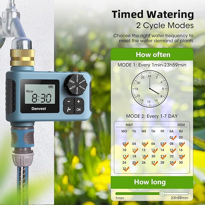 Hose Timer with Brass Inlet & Outlet, Water Timer for Garden Hose Faucet, Sprinkler Timers Outdoor, Irrigation Timers with Rain Delay/Manual for Garden/Outdoor Hose, Yard, Lawns, 1 Outlet