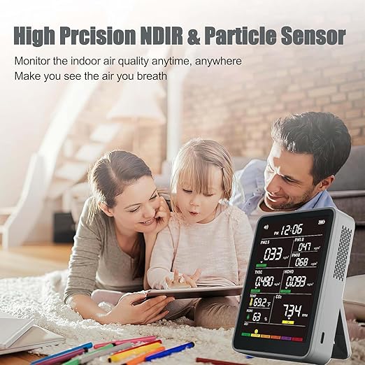 Professional Indoor Air Quality Monitor with AQI Alerts, Portable Real-Time Detector for Home, Car, Plants & Pet (Concrete Gray)