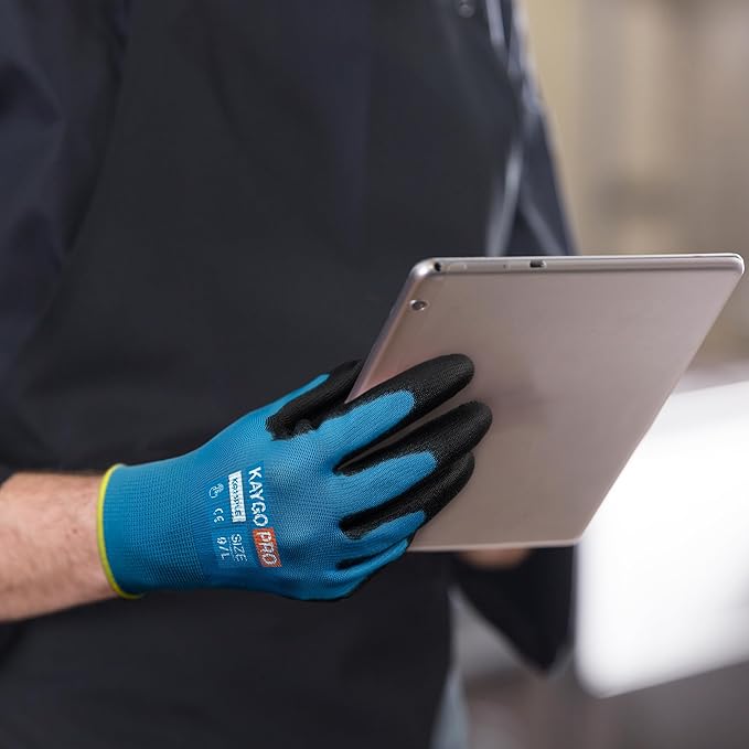 Work Gloves PU Coated for Men and Women, 12 Pairs Safety Work Gloves with Two Fingers Touchscreen, Breathable and Lightweight,Ideal for Light Warehouse, Manufacturing, Gardening, KG11P (S, Blue)
