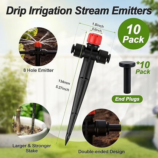 RedChili 10 Pieces Quick Connect Drip Emitters for 1/4" Drip Irrigation Tubing, Adjustable 360 Degree Stream Emitters with Stake Two Way Full Circle 8 Hole Stream Drippers for Garden Watering System