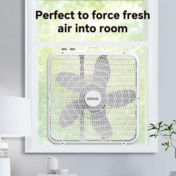 shinic 20” Box Fan with Thermostat for Bedroom, 3-Speed Portable Floor Fan with Carry Handle, Powerful Airflow, 5 Blades, Window Fan and Cooling Fan for Home, Office, Garage, Basement, White