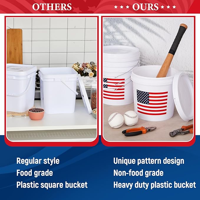 Threehoney 6 Pcs 2 Gallon Plastic Bucket with Lid and Handle, Large White Heavy Duty Bucket with American Flag for Home Gardening Tools Household Cleaning Baseballs Storage Container