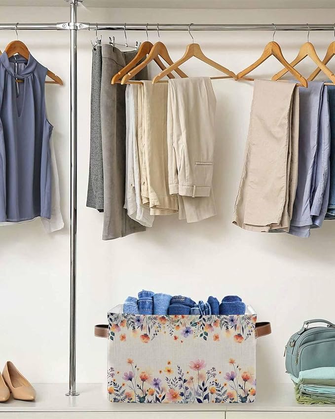 Spring Floral Storage Bins Cubes Waterproof Cloth Storage Basket,Elegant Flowers Farmhouse Botanical Rustic Foldable Storage Bags for Shelf Clothes Storages Organizers with Handles 15x11x9.5 in 1PCS