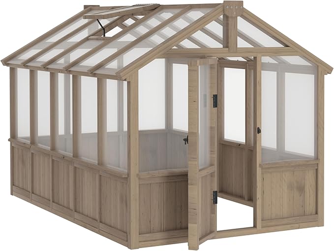 Yardenaler 6x10 FT Green House for Outdoor, 6MM Thick Polycarbonate Panel Wooden Walk-in Greenhouse Kit with Lockable Door and Adjustable Roof Vent, Backyard Garden, Light Mocha Brown