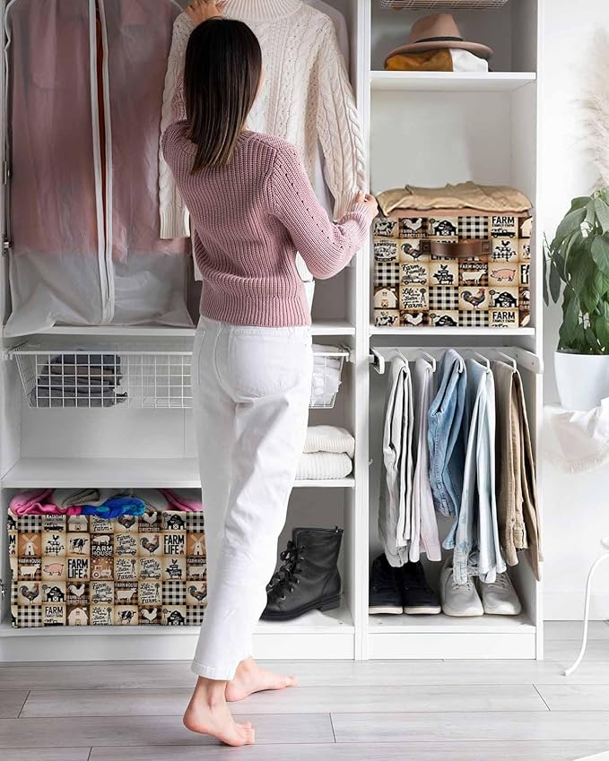 Farmhouse Checkered Storage Bins Cubes Waterproof Cloth Storage Basket, Rustic Retro Farm Life Assembling Foldable Storage Bags for Shelf Closet Clothes Organizers with Handles 15x11x9.5 in 1PCS
