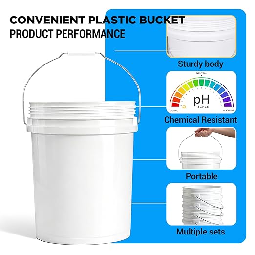 DEMORA 5 Gallon Heavy Duty Plastic Bucket, Food Grade Pail Without Lid, Metal Handle, BPA-Free, for Storage, Fishing, Car Wash, Paint, DIY, Industrial & Job Sites（White，3 Pack）
