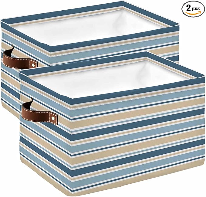 Khaki Blue Striped Storage Bins Cubes Waterproof Cloth Storage Basket,Farmhouse Stripes Modern Abstract Art Foldable Storage Bags for Shelf Clothes Storages Organizers with Handles 15x11x9.5 in 2PCS