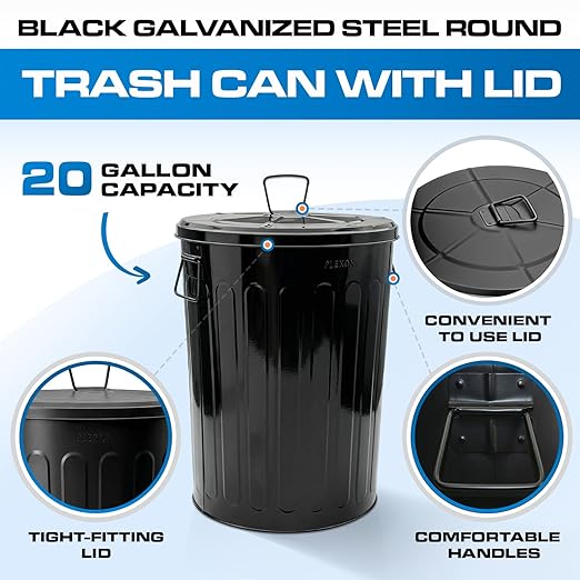 Plexon 20 Gallon Metal Trash Can with Lid Outdoor Large Trash Bin Steel Garbage Can for Garage Patio Farmhouse Bucket Bird Seed Storage Can Heavy Duty Round Container, Black 2 Pack